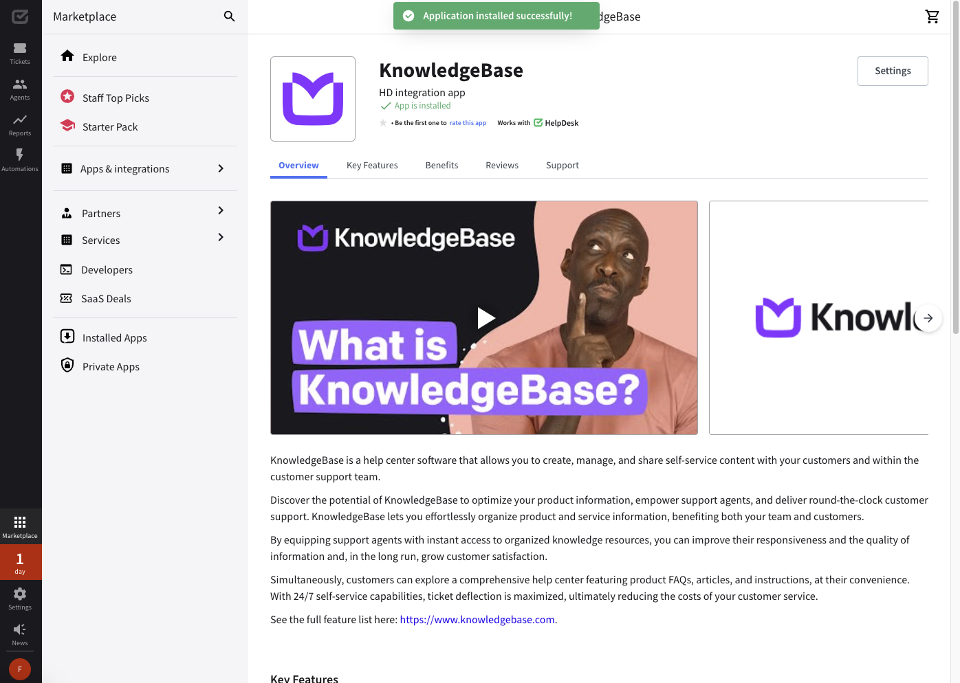 Installing KnowledgeBase to use in HelpDesk – a successful installation.