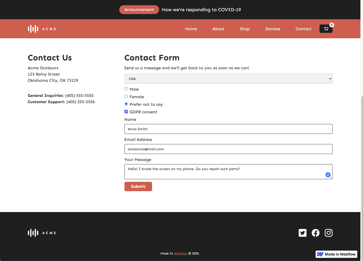 Submitting the first contact form to test the HelpDesk and Webflow integration.