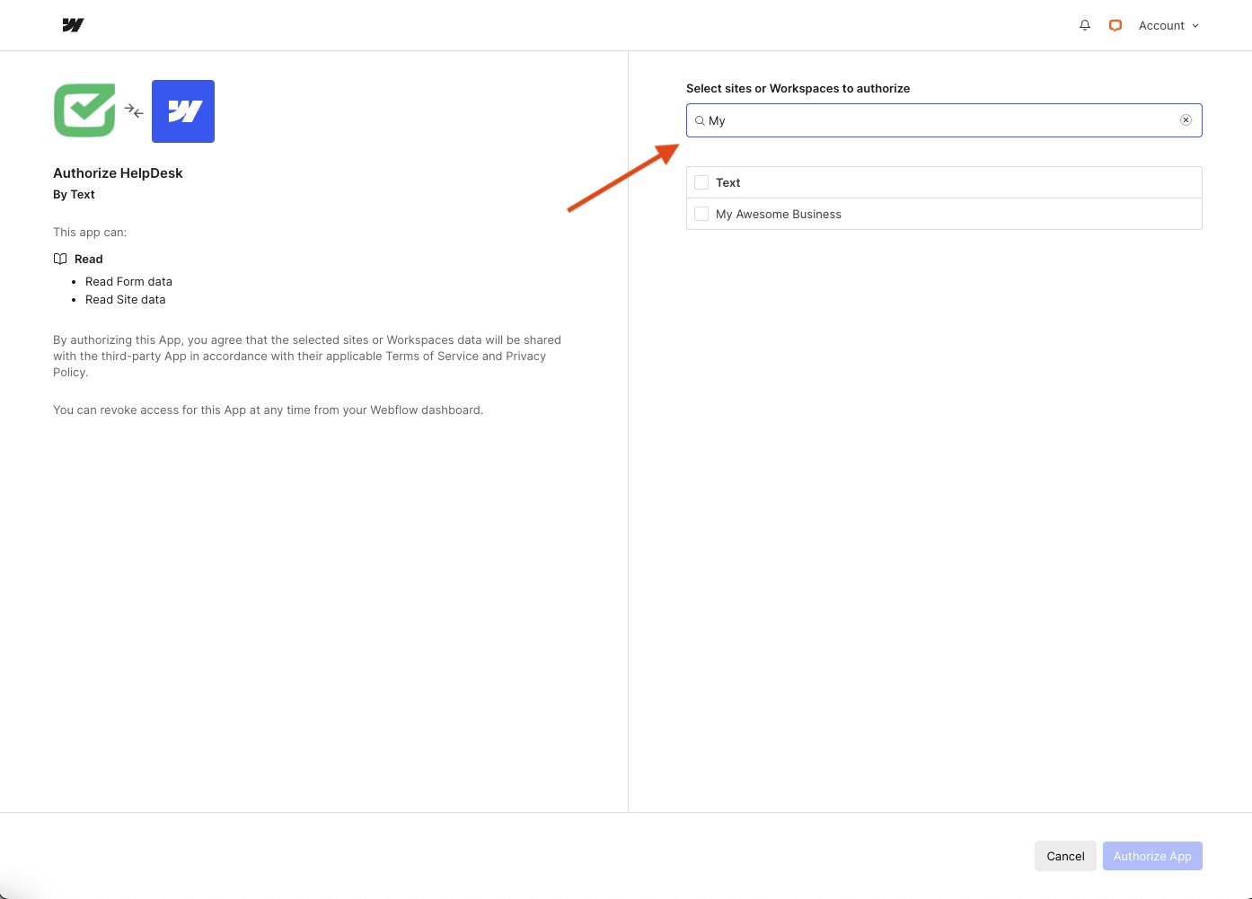 Installation of HelpDesk for the selected Webflow site – site selected.