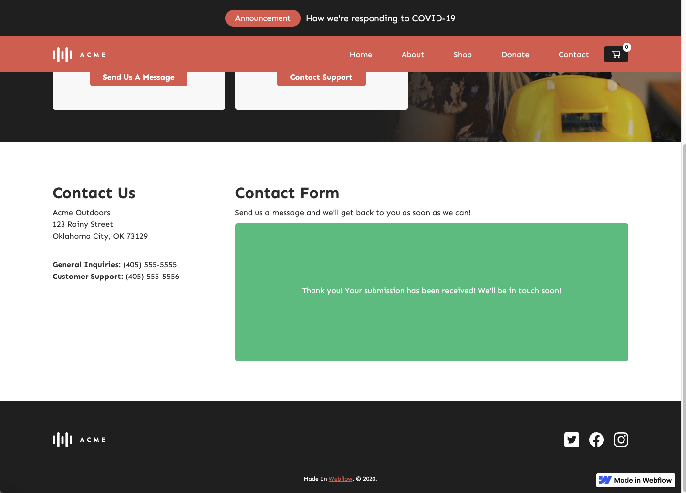 Submitting the first contact form to test the HelpDesk and Webflow integration – successful submission.