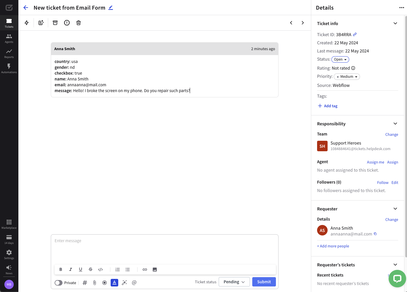 A new HelpDesk ticket created from a submitted Webflow contact form – ticket details.