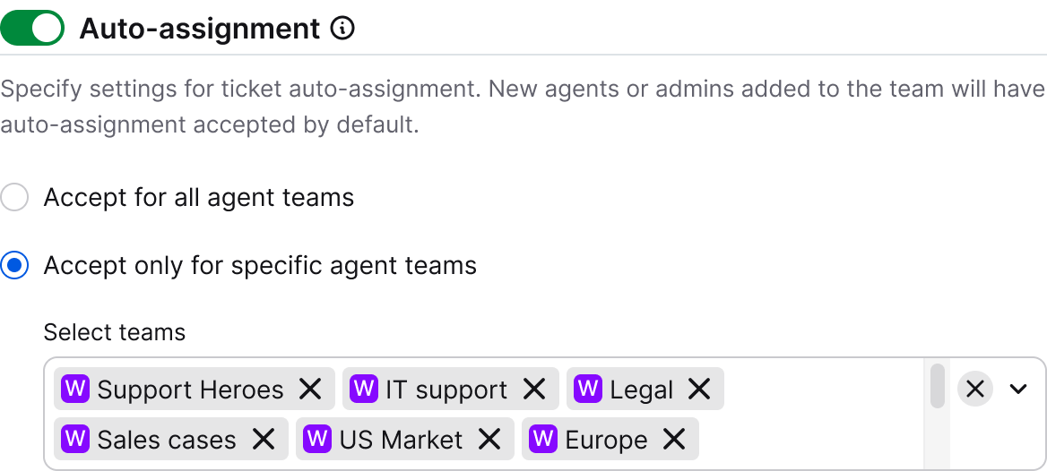 Auto-assignment activated in the user profile settings – accept only for specific agent teams in HelpDesk. Several teams are picked.