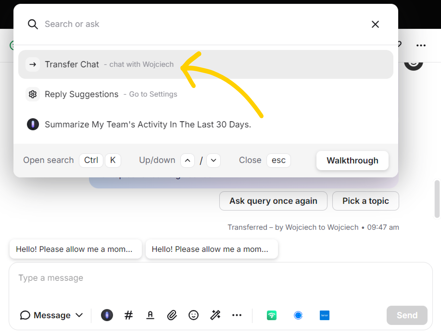 Actions listed in an expanded search bar