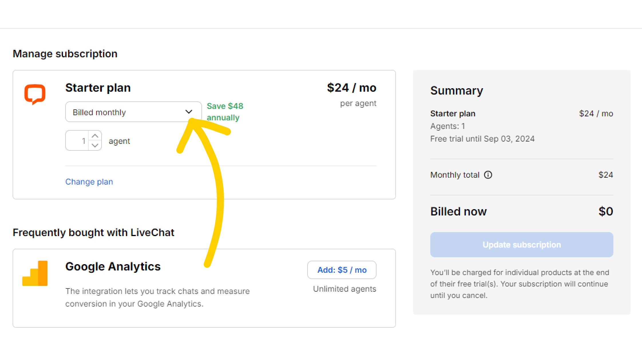 How to change the billing cycle in your LiveChat subscription settings