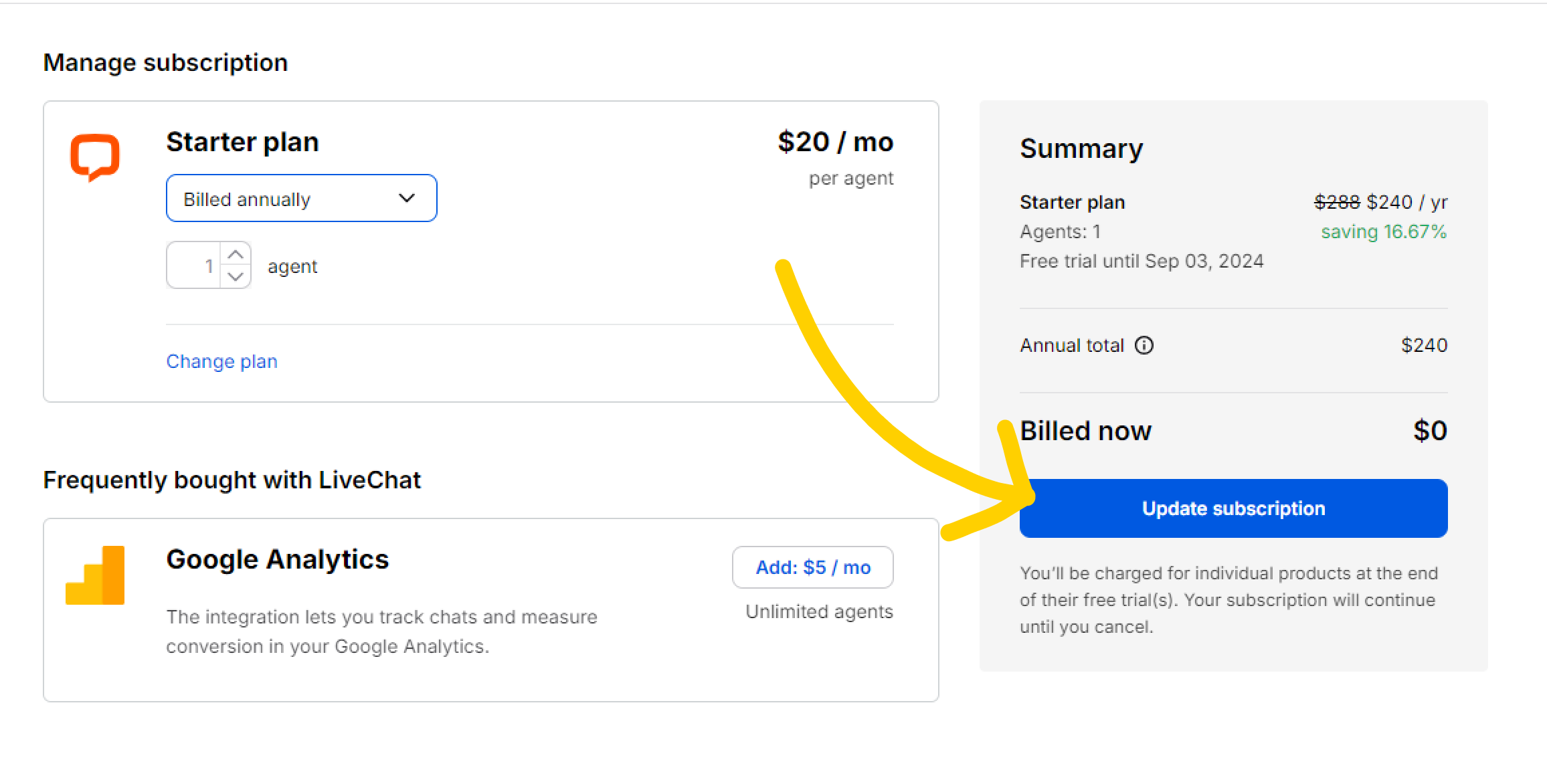 How to update your LiveChat subscription