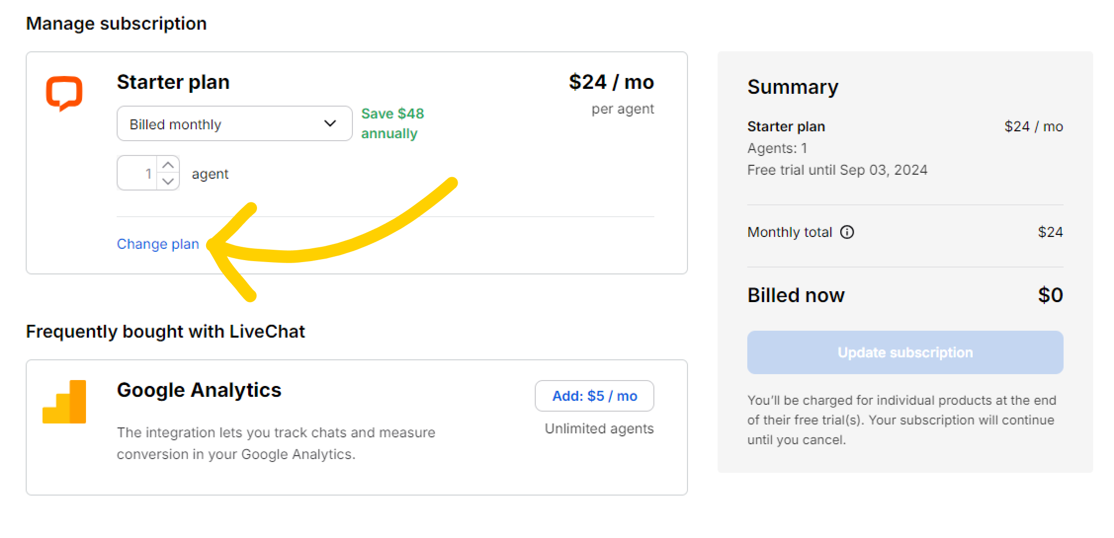 How to change your LiveChat subscription plan