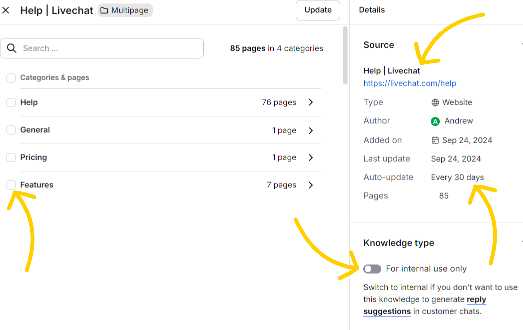 Manage website knowledge sources