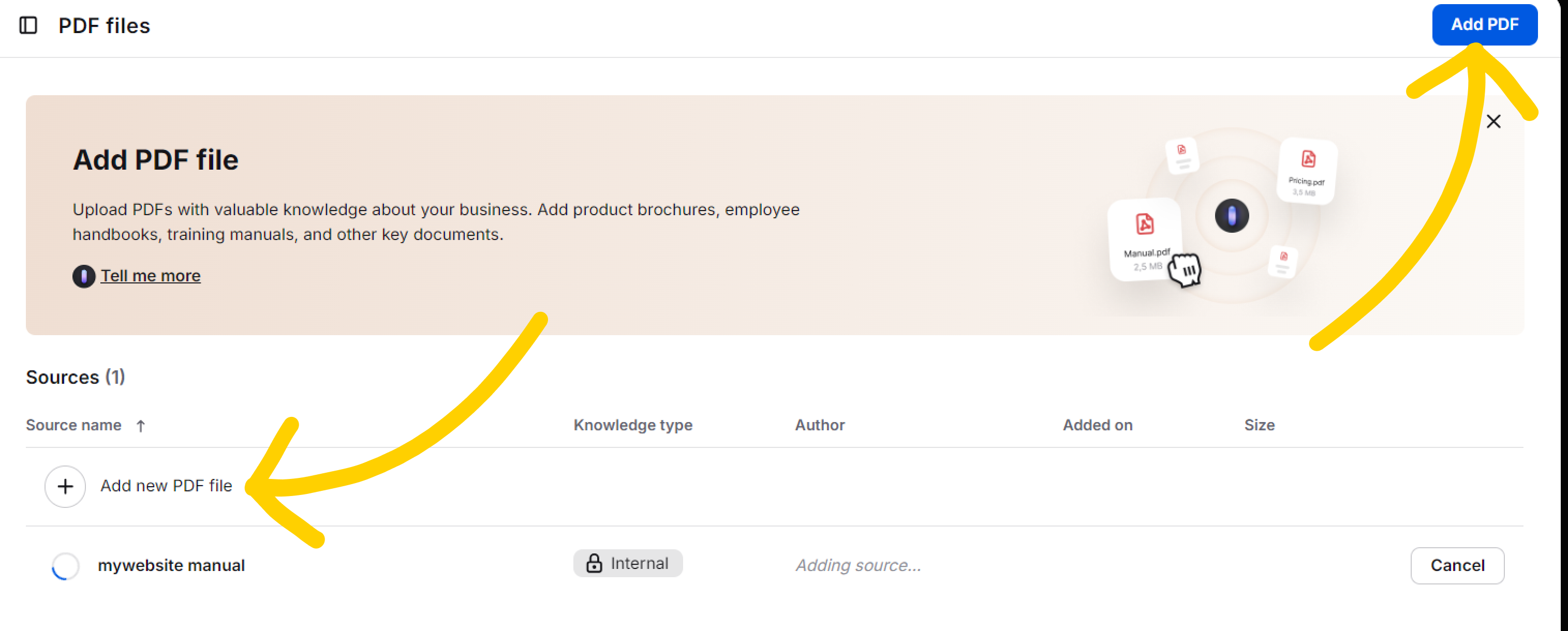 How to add a PDF file as a knowledge source
