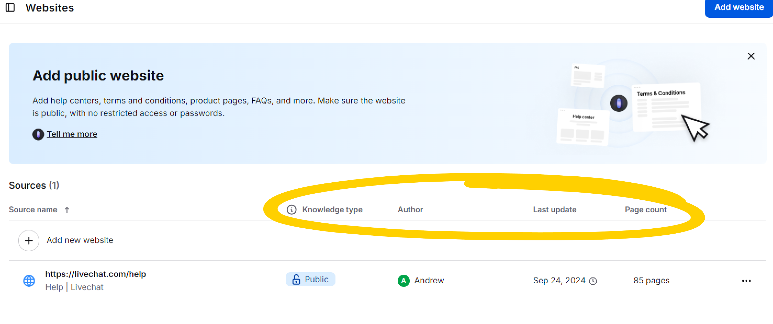 Data available after uploading a website knowledge source