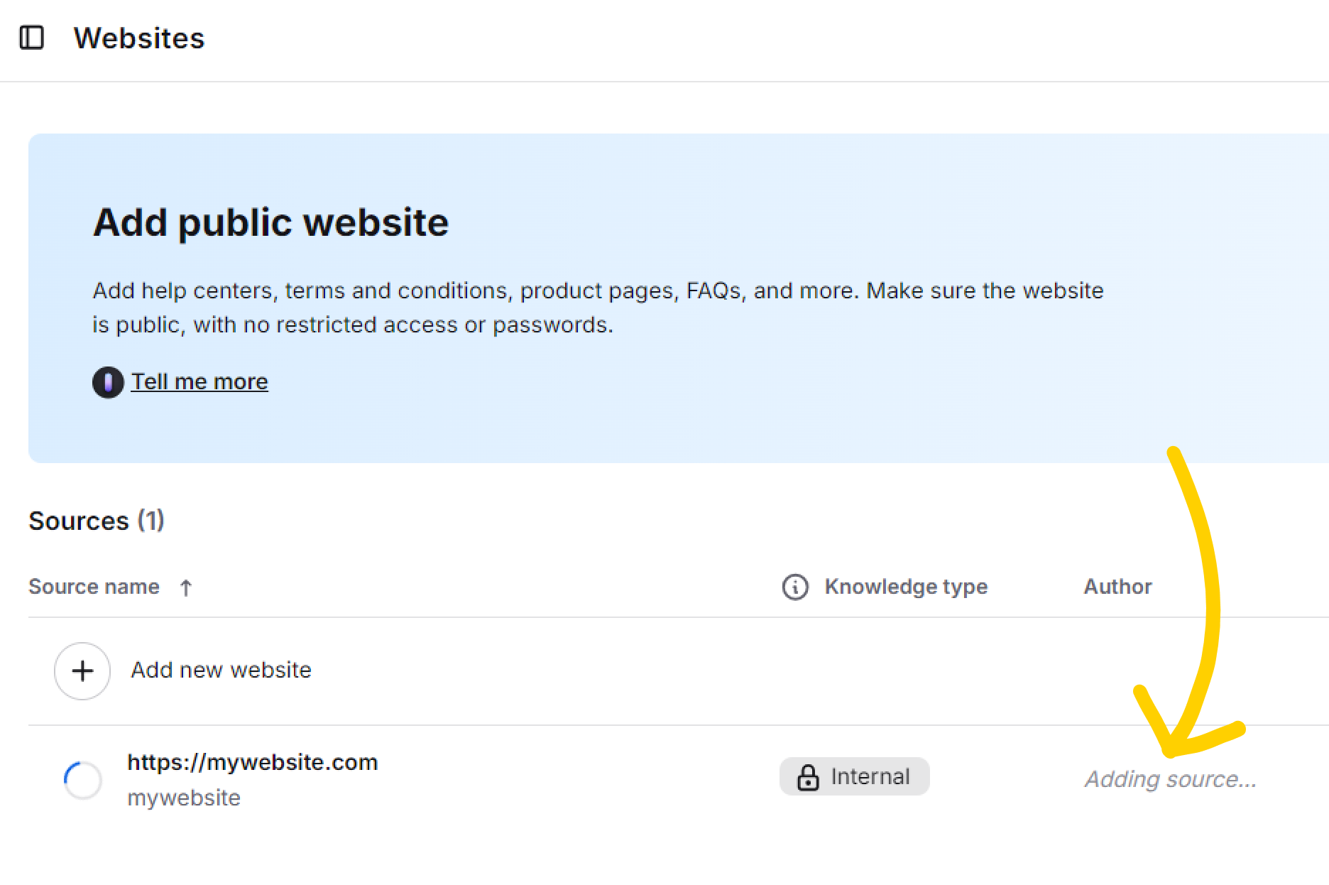 Loading a website knowledge source