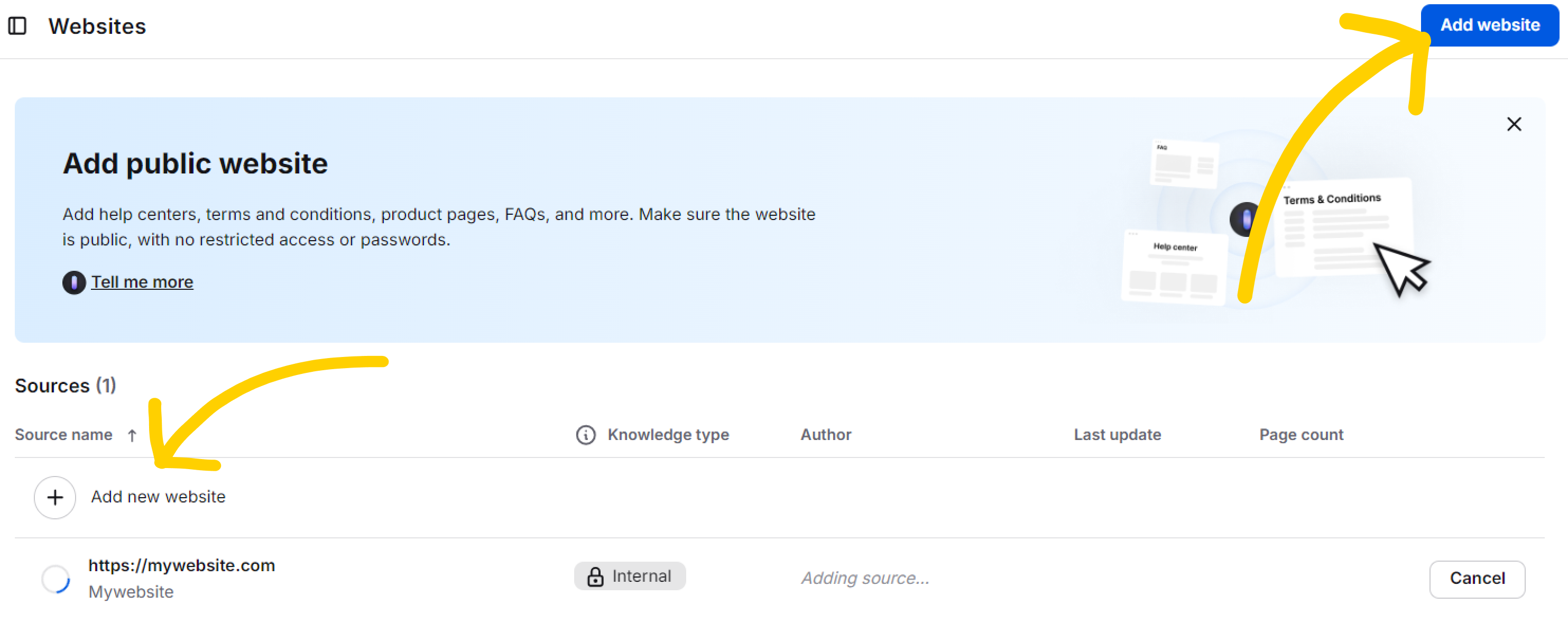 How to add a website knowledge source