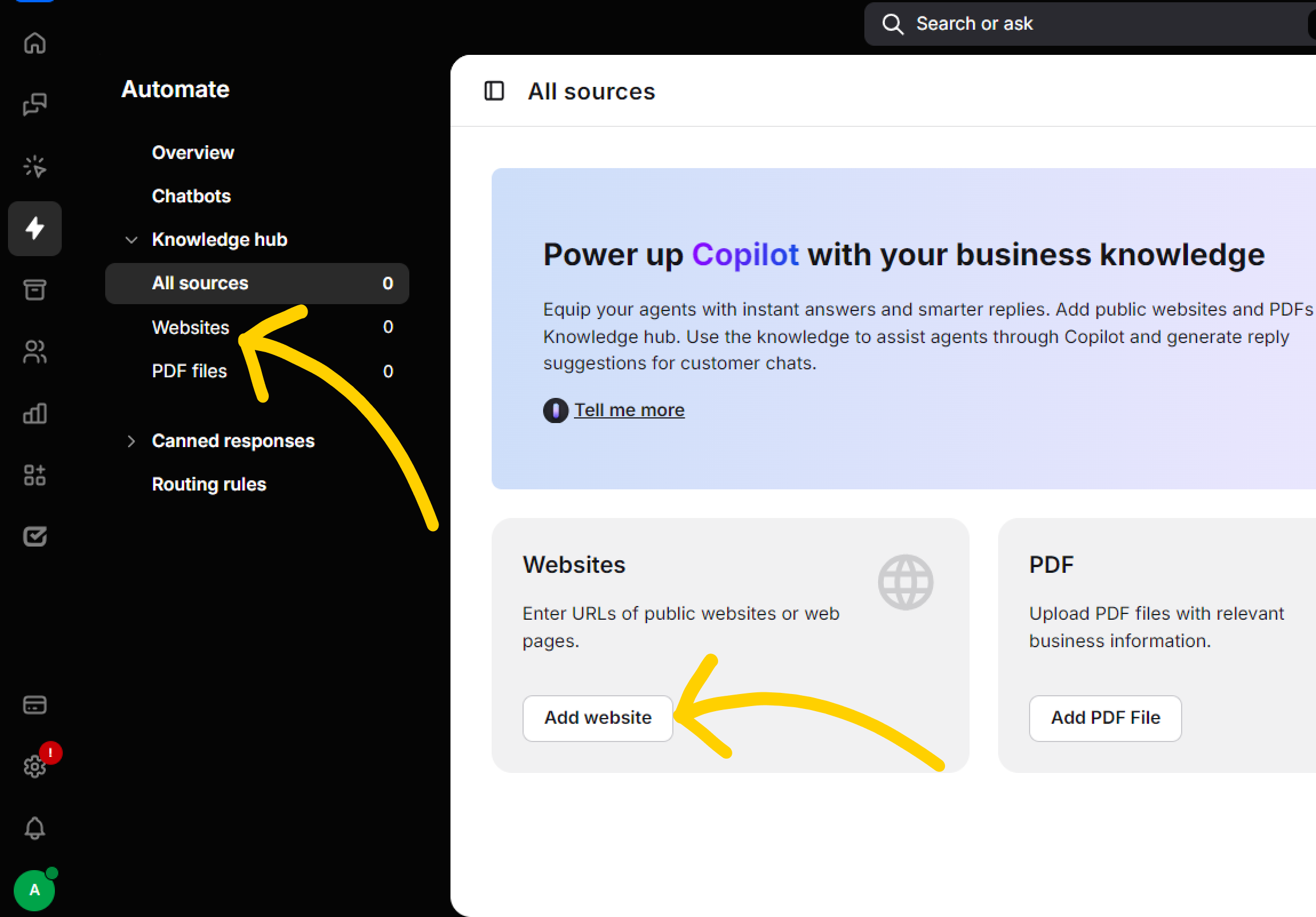 How to enter a website knowledge sources tab