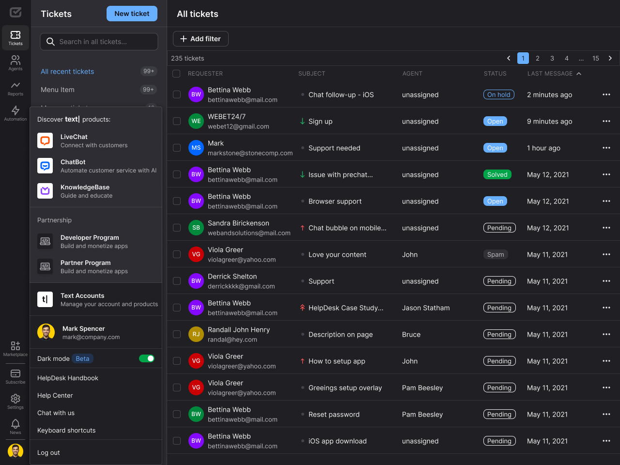 Dark mode turned on in HelpDesk.
