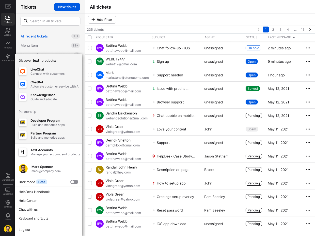 Turning on dark mode in HelpDesk.