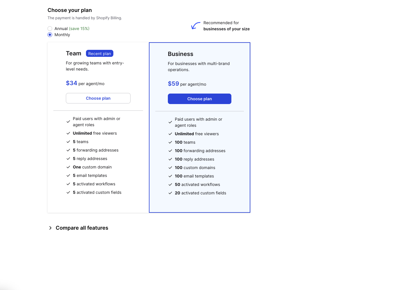 HelpDesk subscription management handled by Shopify – managing billings.