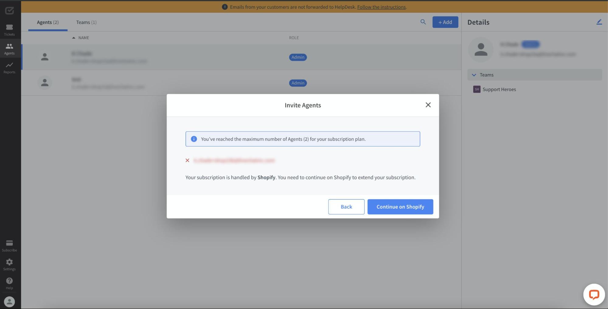 Managing user numbers in the HelpDesk within Shopify.