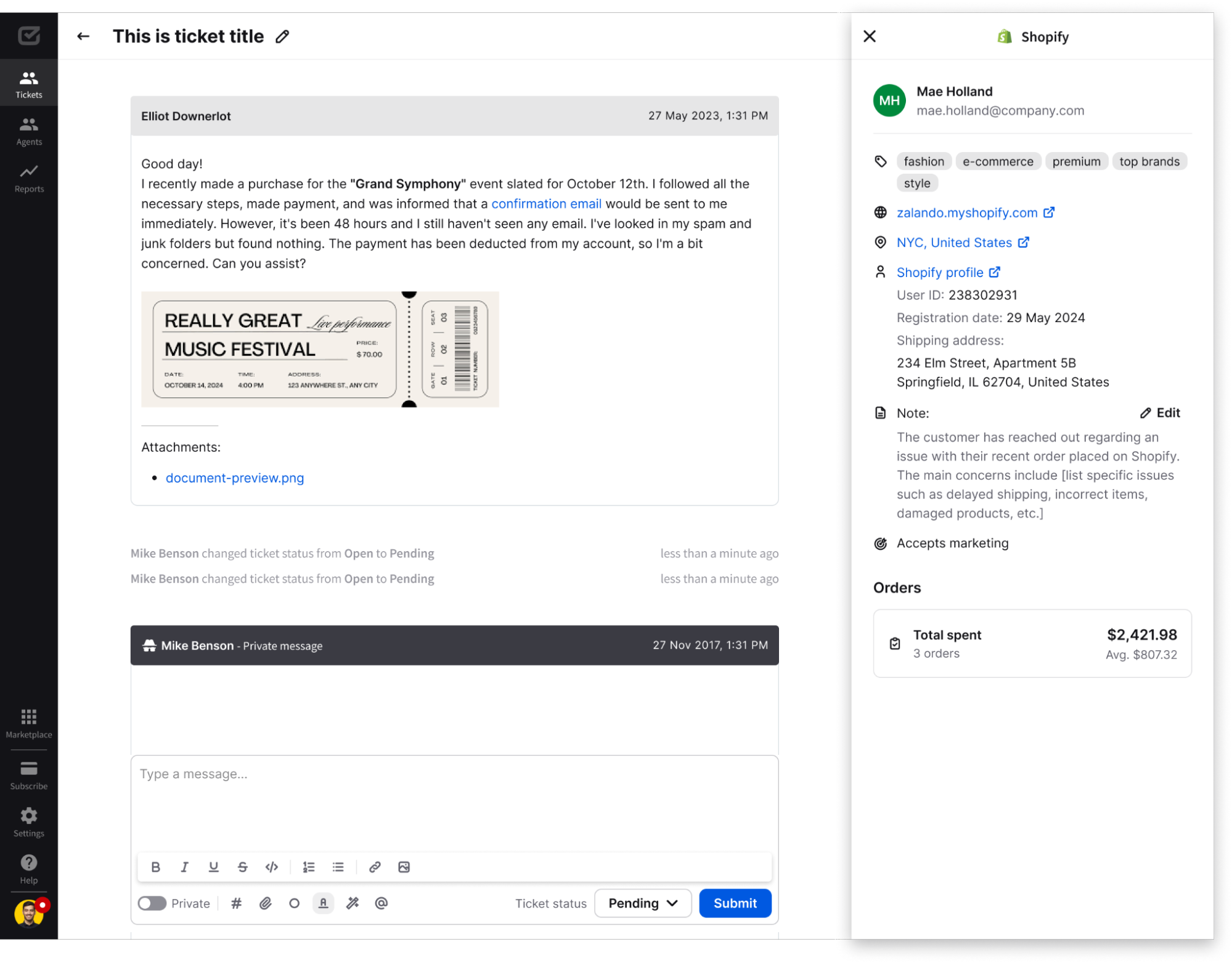 HelpDesk ticket, including Shopify information — customer insights.