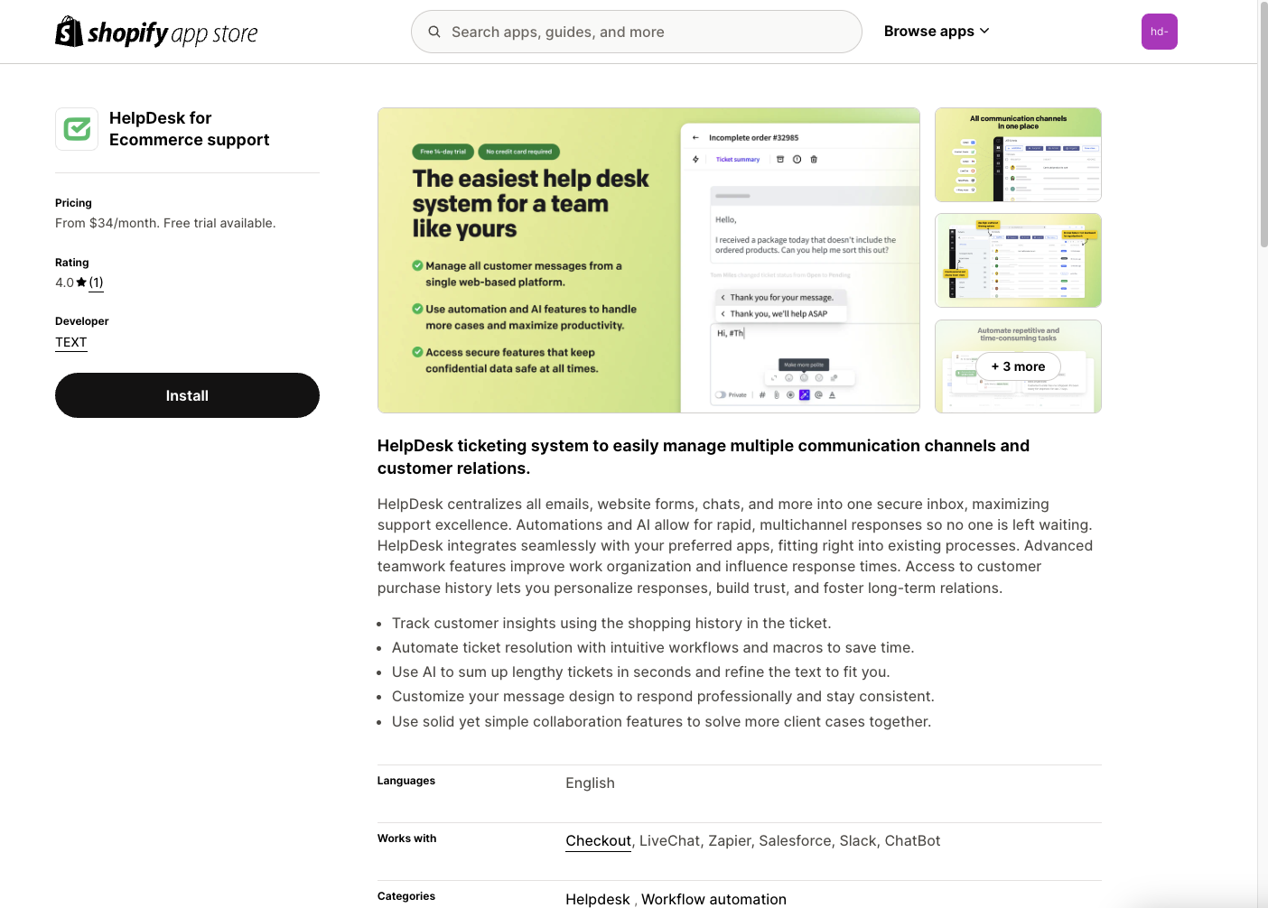 Installing the HelpDesk Ticketing System app in the Shopify marketplace.