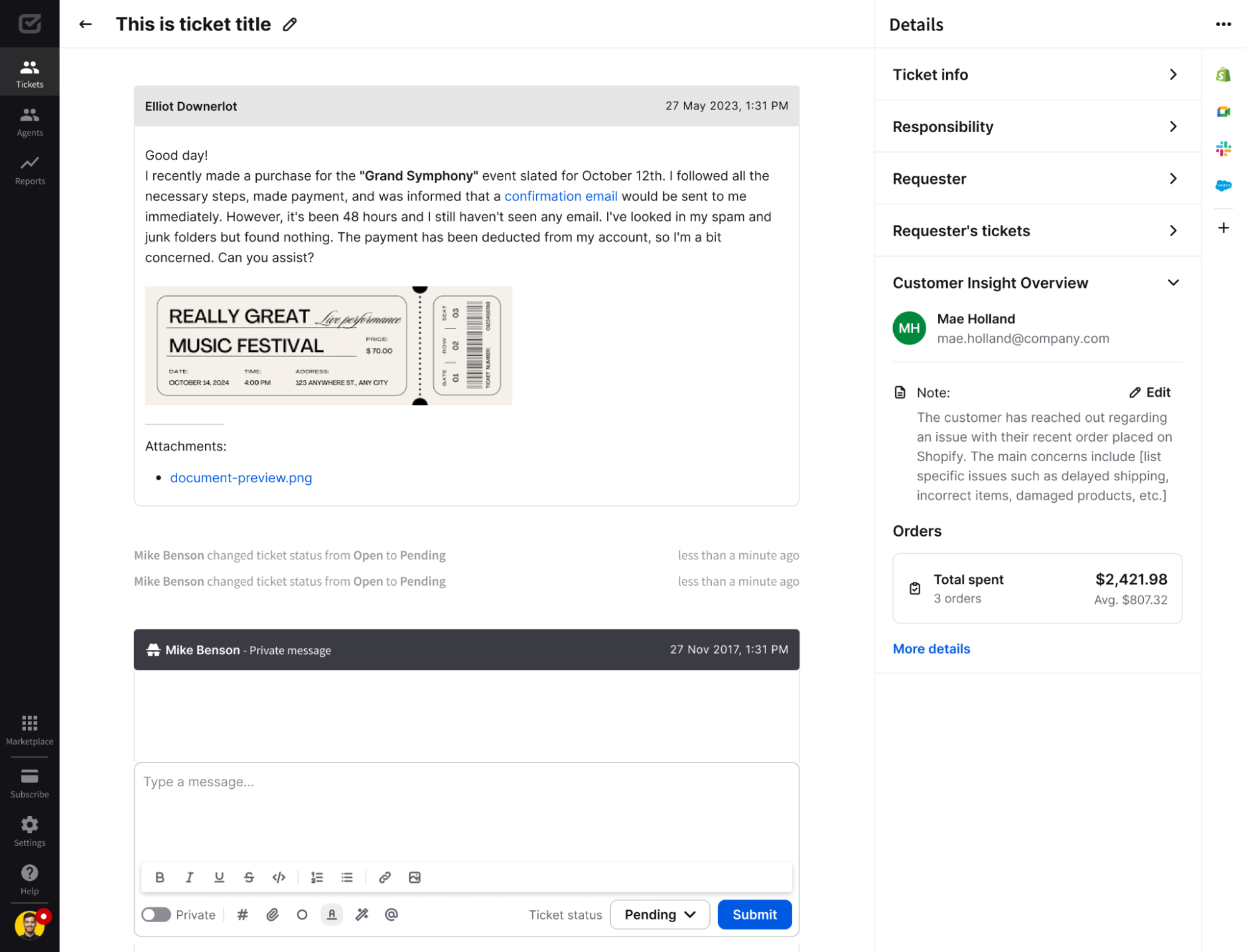 HelpDesk ticket, including Shopify information.