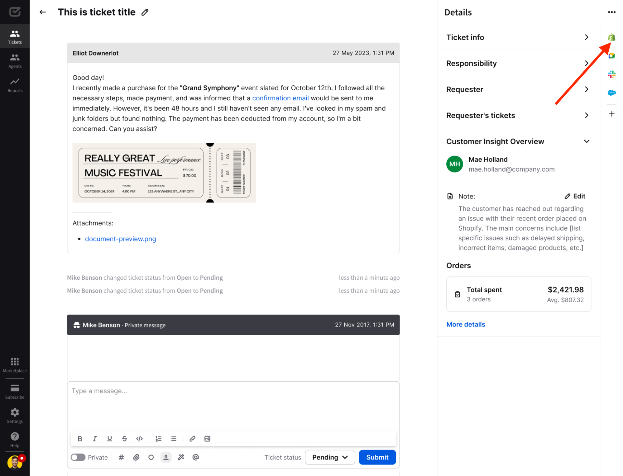 HelpDesk ticket, including Shopify information.