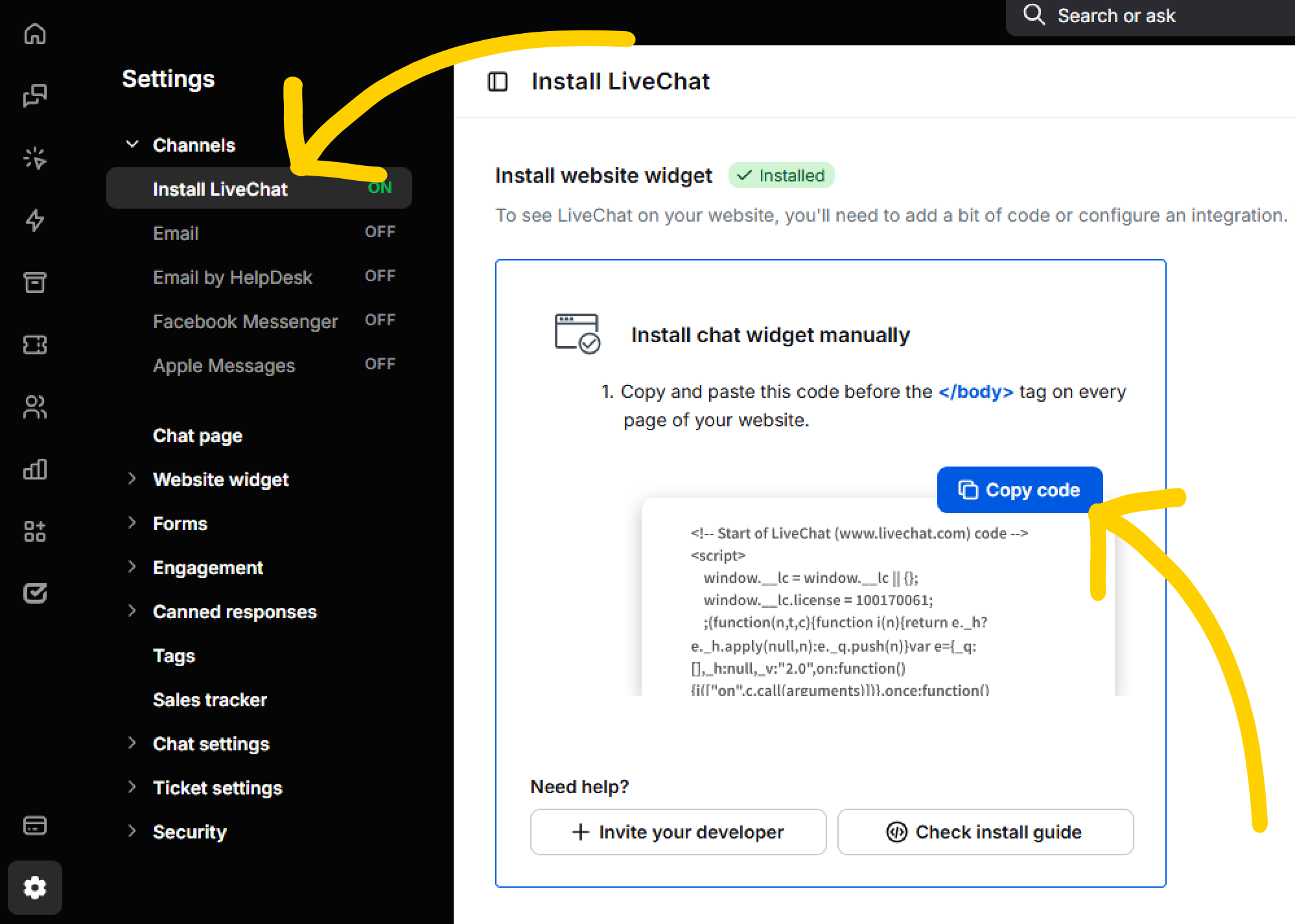 Copy LiveChat code snippet