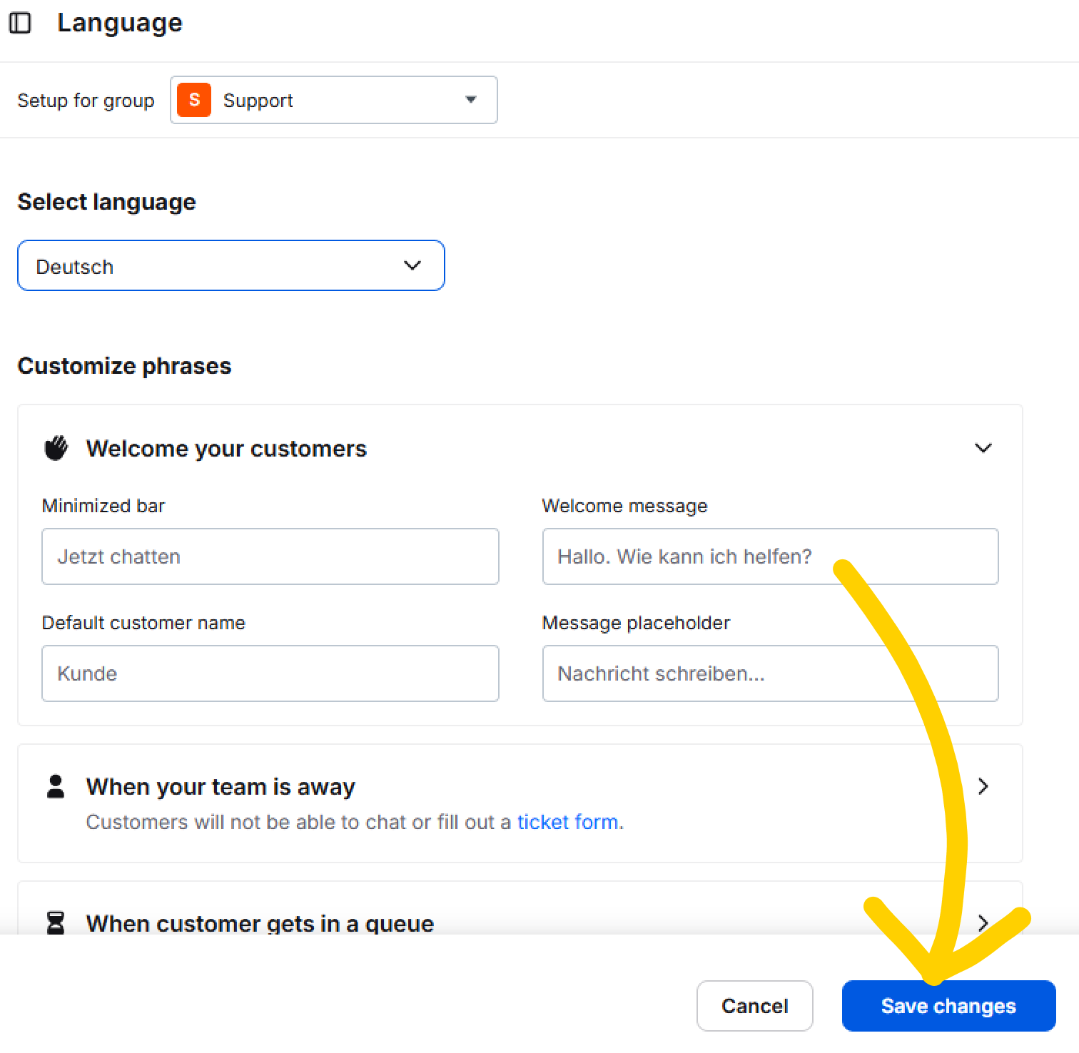 Save changes made to a group language settings