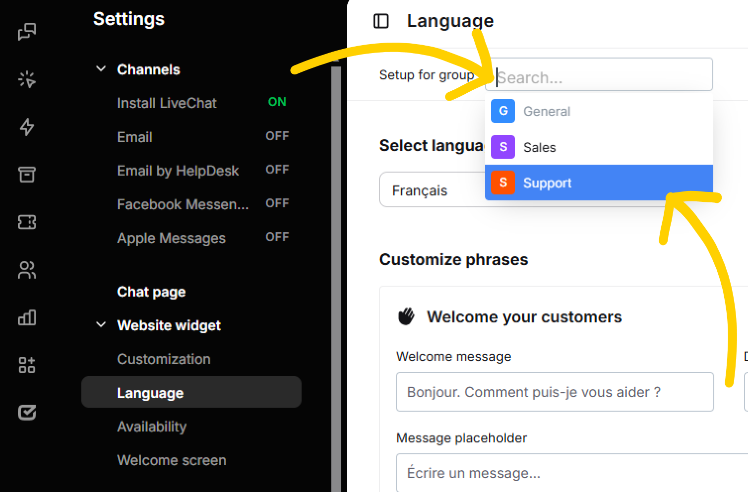 Change the chat widget language for a group