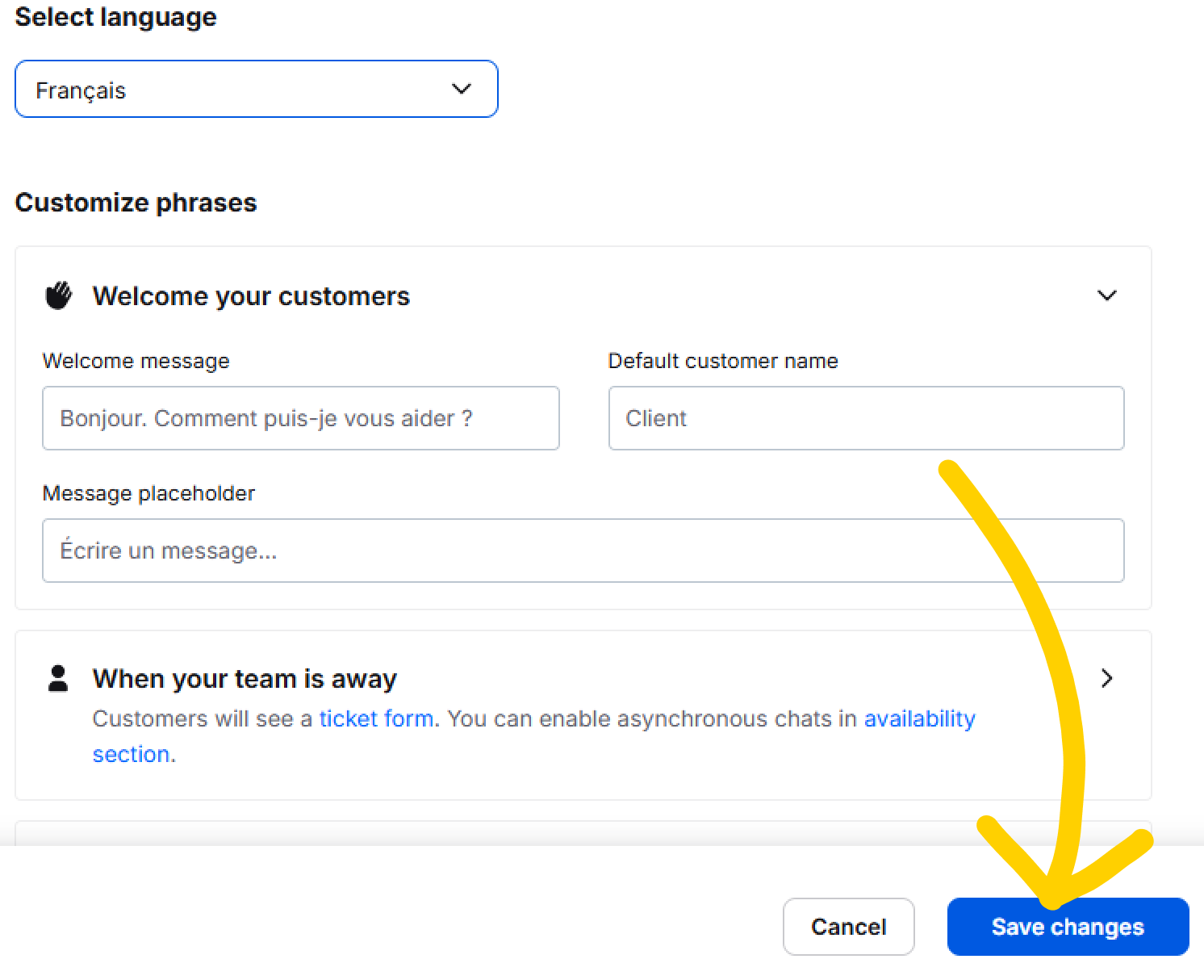 Save changes made to chat widget language settings