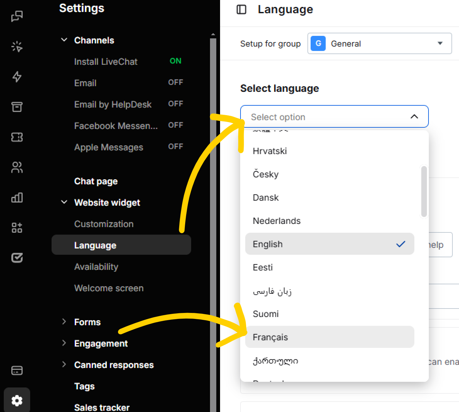 Choose a language from the list