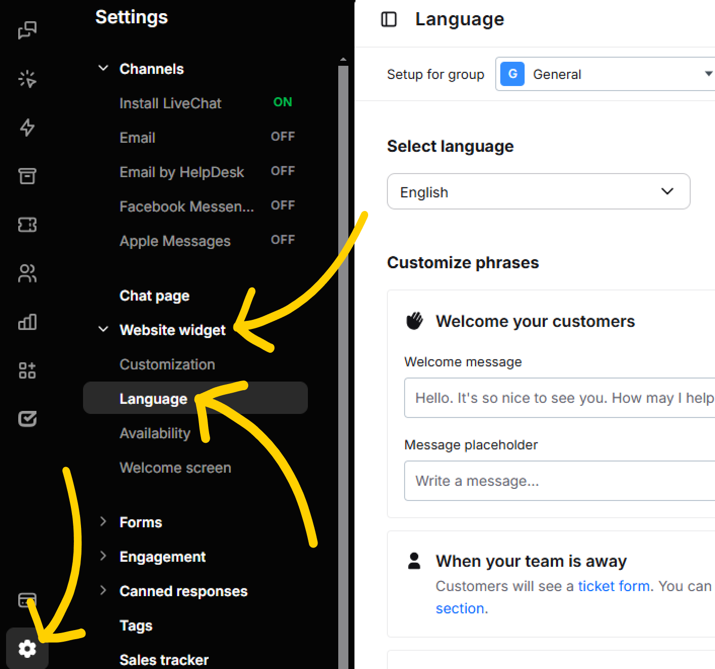Change chat widget language