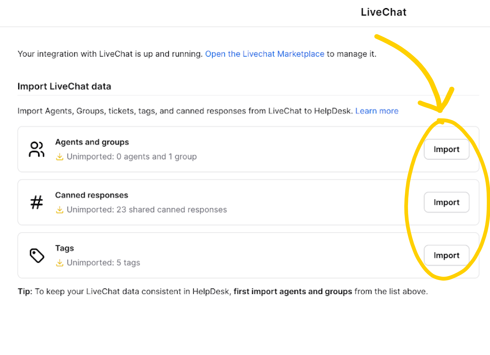 Importing LiveChat data to HelpDesk – choosing data.