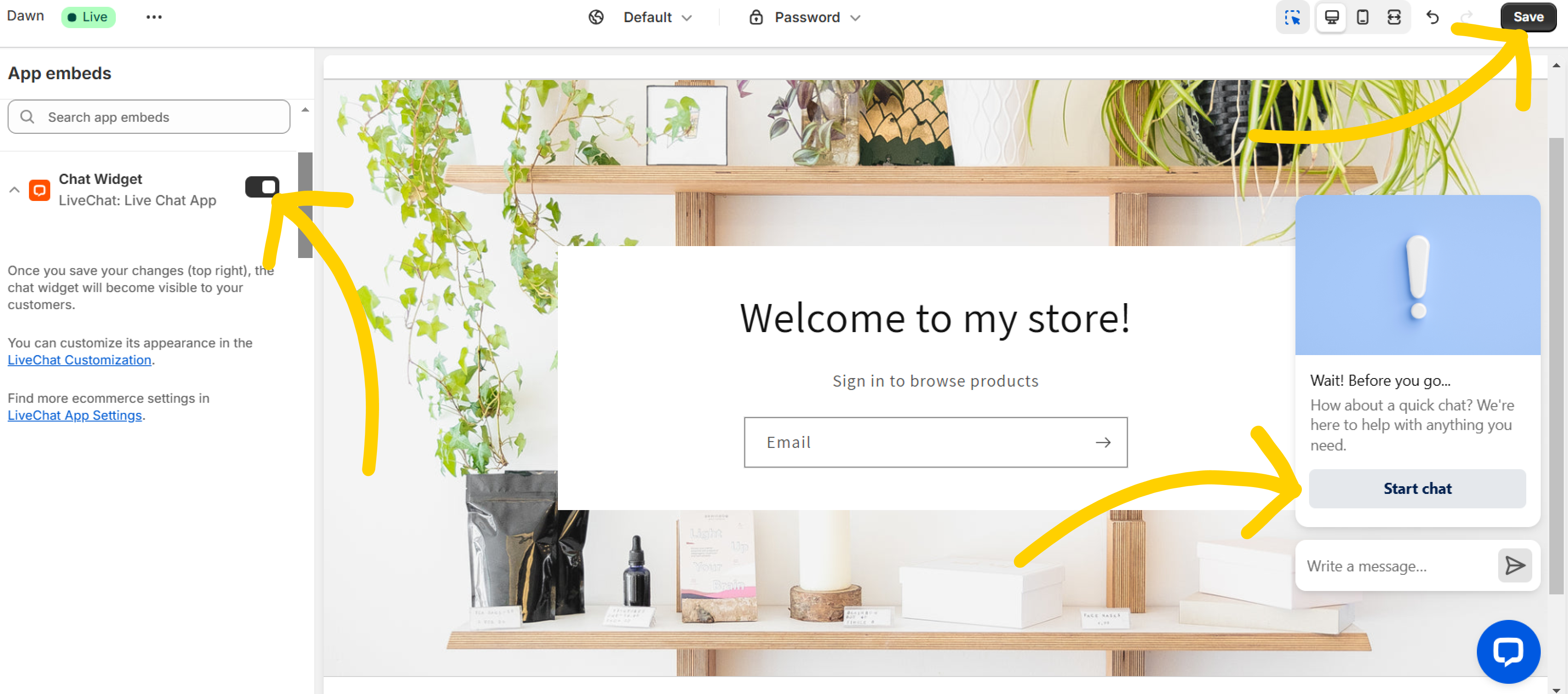 Shopify website theme settings panel, where yellow arrows point towards LiveChat chat widget options
