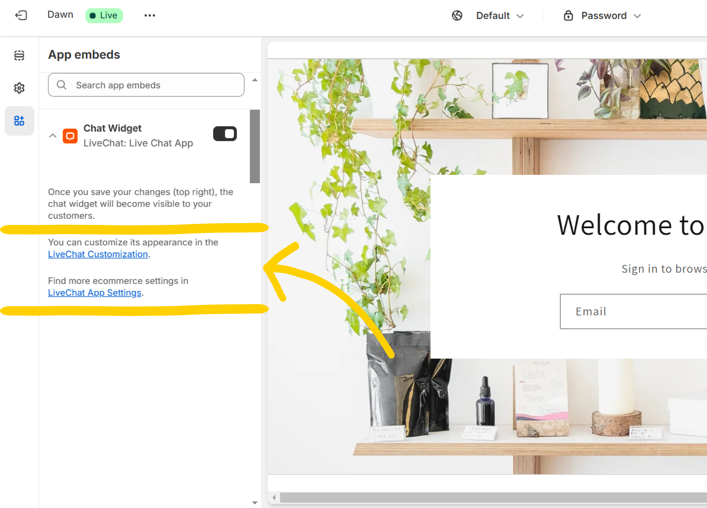 Shopify website theme panel where yellow arrow points towards a link that redirects users to chat widget customization options