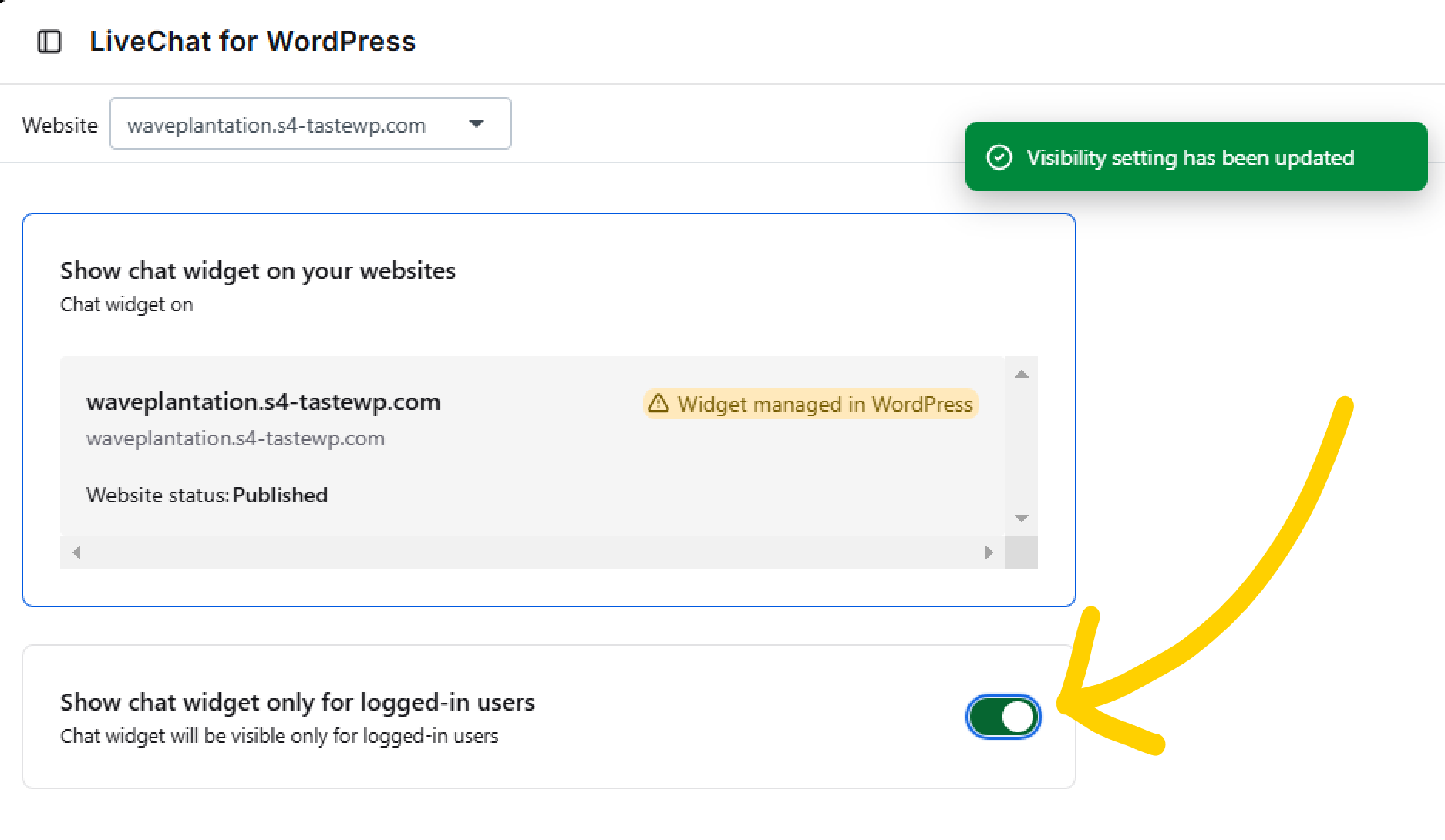 Arrow_pointing_towards_the_toggle_switch_controlling_the_chat_widget_display_on_WordPress_website