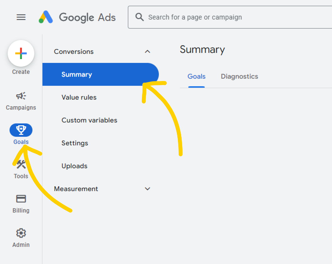 Arrows_showing_how_to_get_to_Goals_and_Summary_sections_in_Google_Ads.
