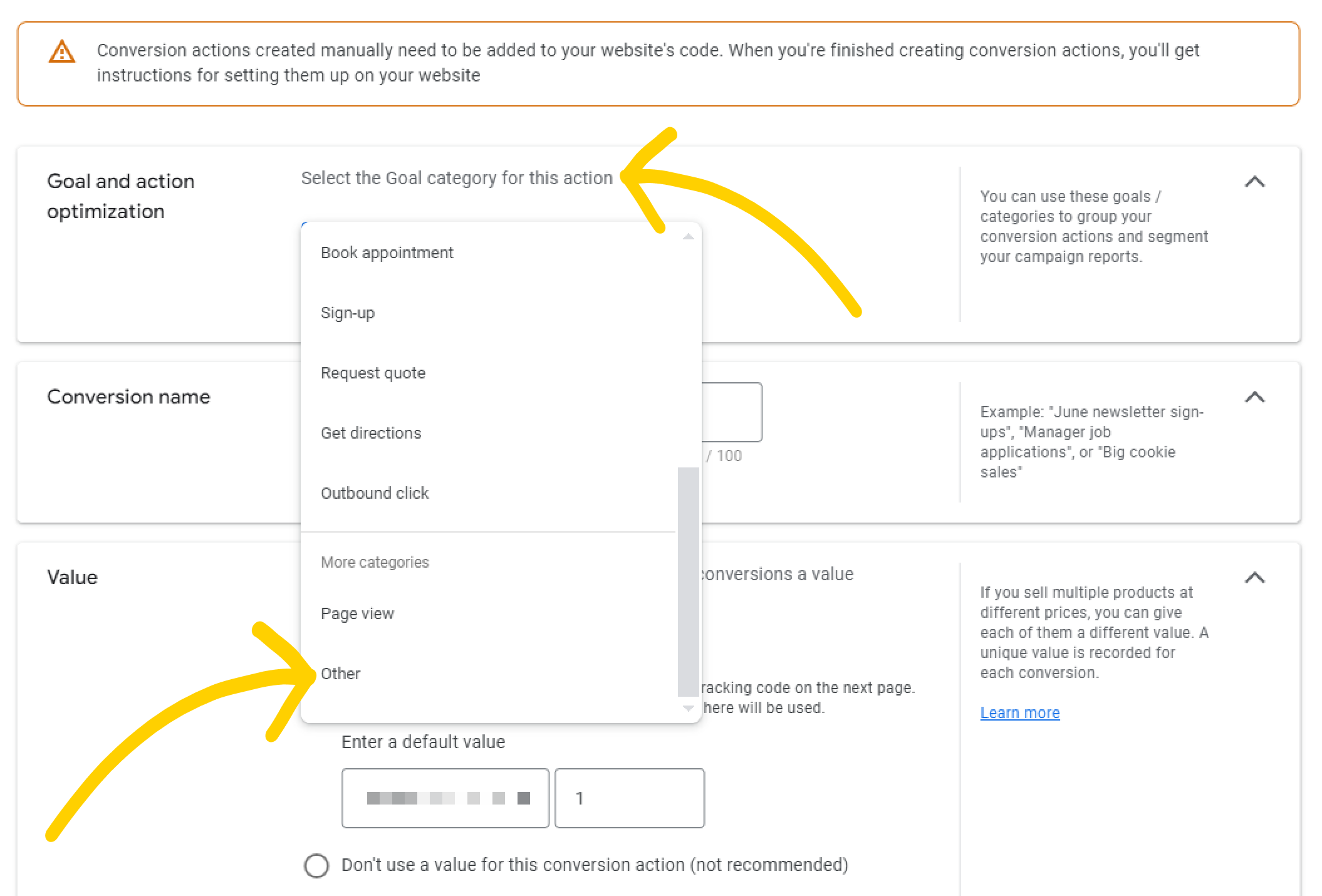 Arrows-pointing-out-which-goal-category-to-pick-for-the-Google-Ads-conversions-tracking