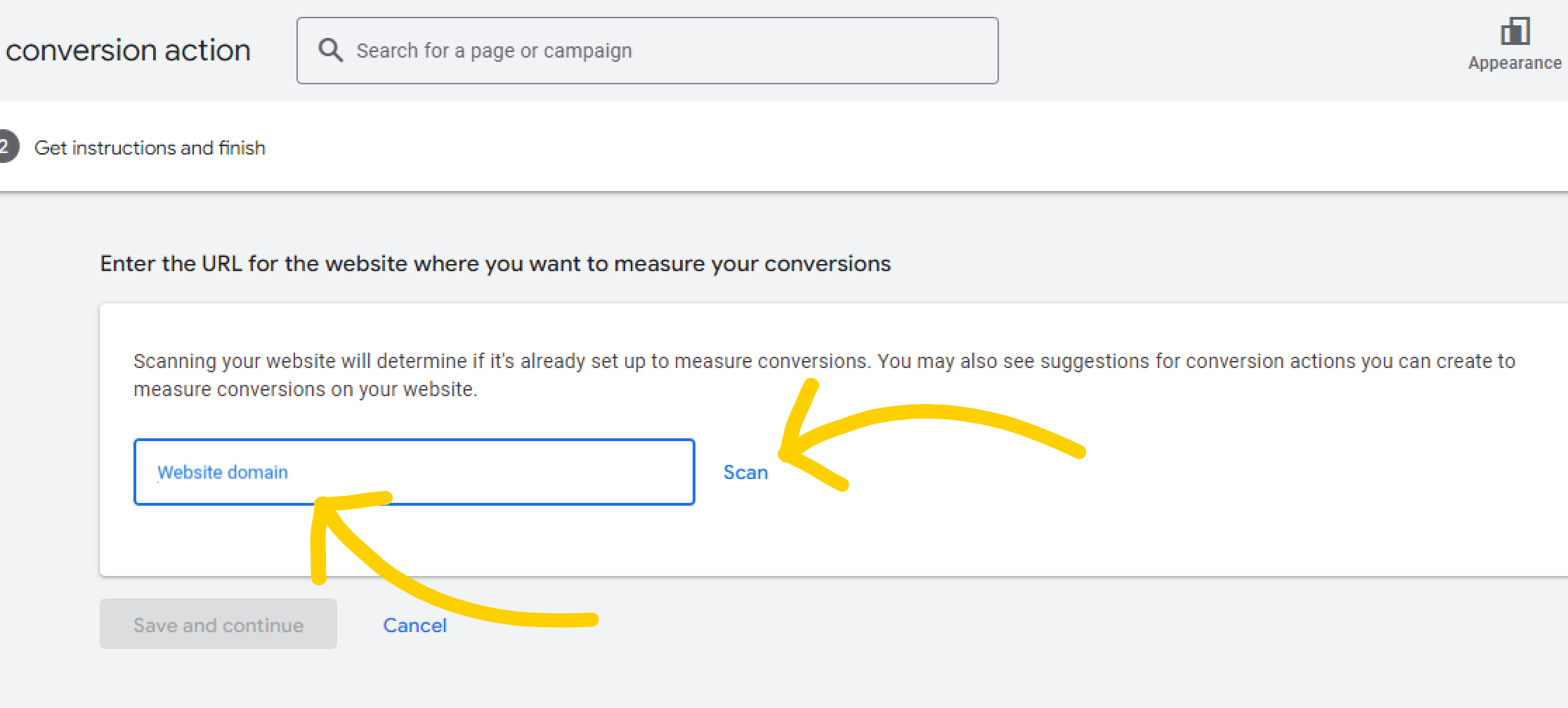 Arrows_showing_how_to_scan_your_website_for_Google_Ads_conversion_tracking