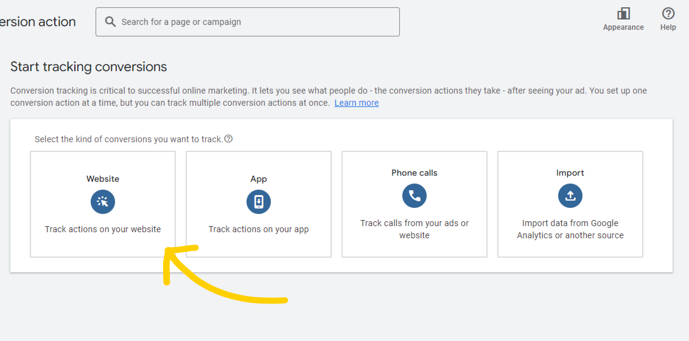 Arrow_pointing_towards_the_Website_option_in_the_conversion_action_settings_in_Google_ads_app