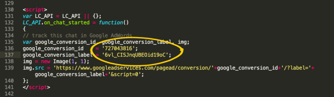 Add code to track LiveChat conversion with Google Adwords