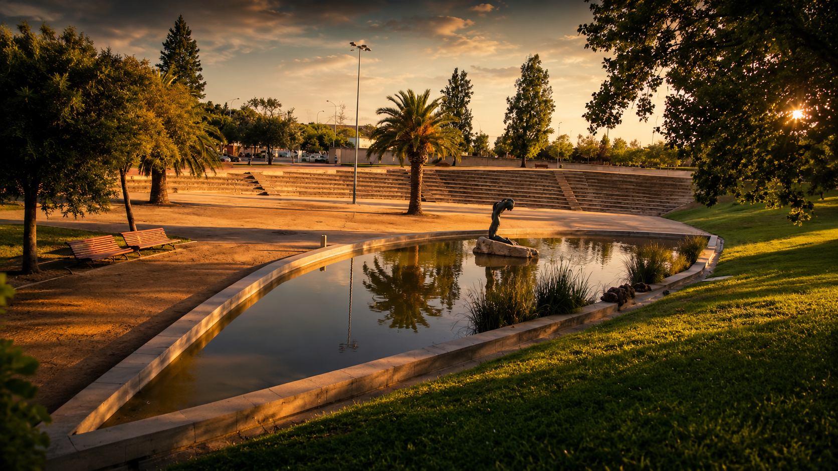Lago y escultura del Parc de la Muntanyeta al atardecer, Sant Boi de Llobregat