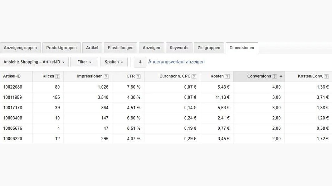 Screenshot des Dimension Tabs von Google Shopping