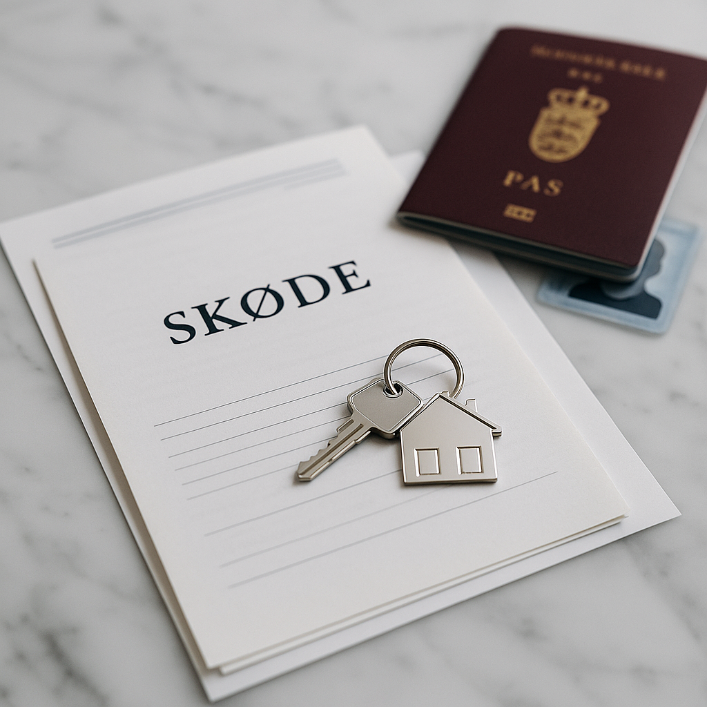 Dokumenter til vurdering (skøde, nøgler) på marmorbord