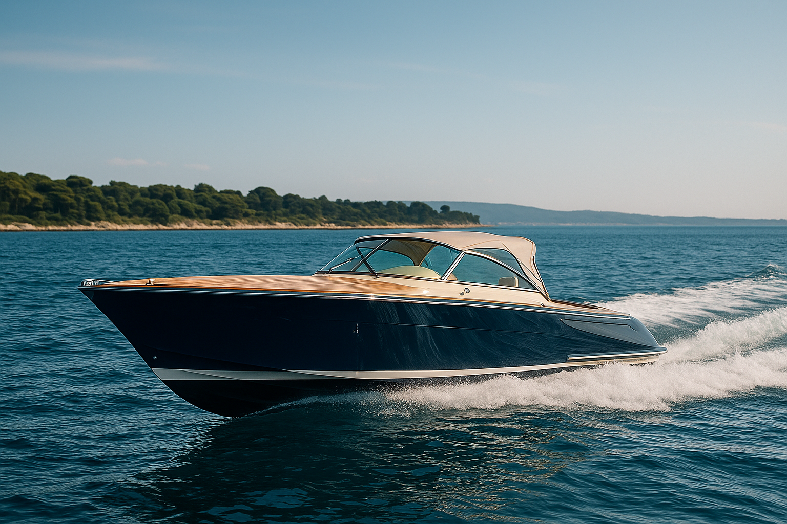 Yacht with jet ski departing