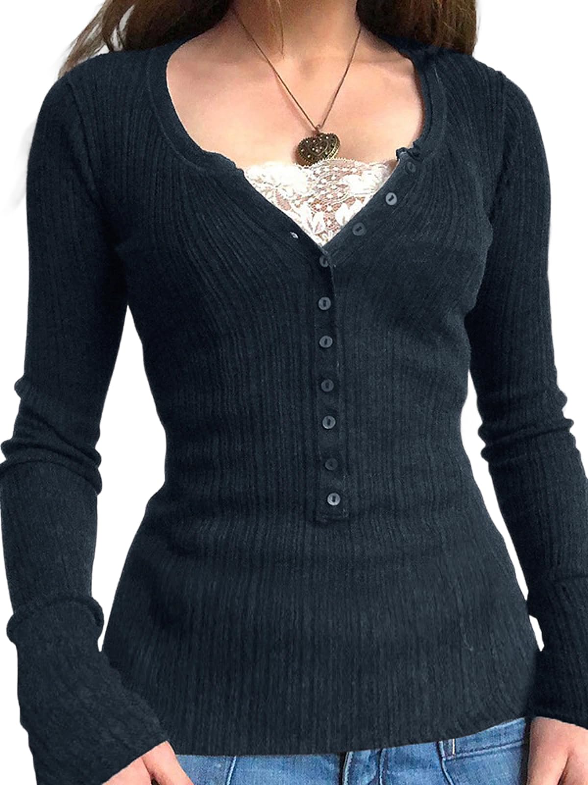 Long-Sleeve Ribbed Henley Top