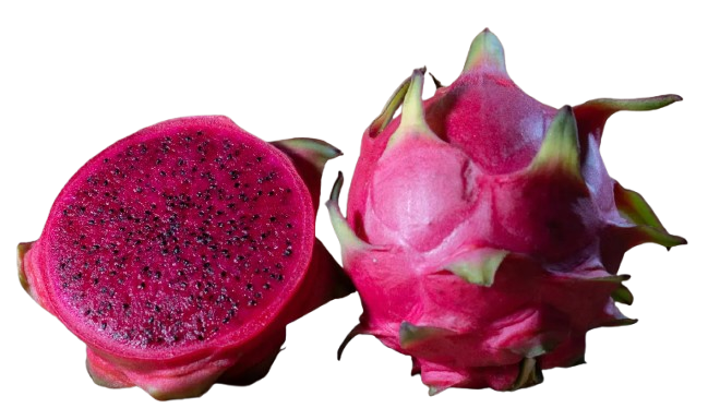 Vibrant red dragon fruit with green tips