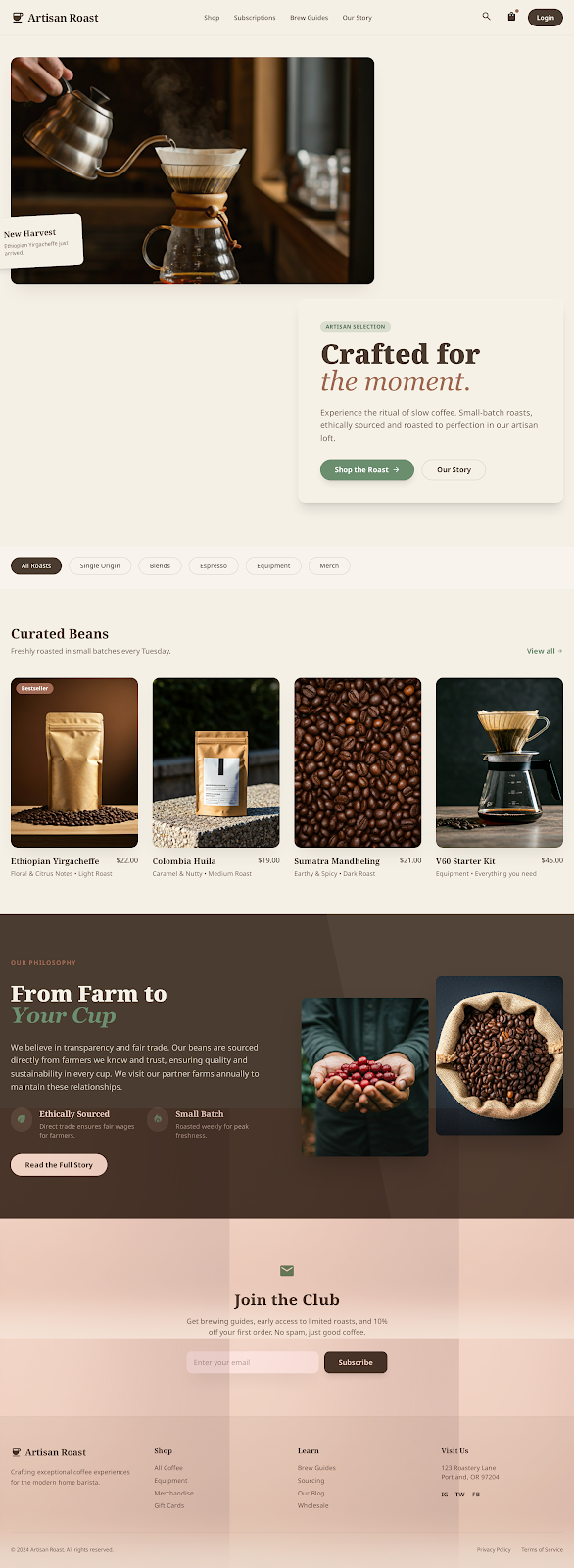 DigiBeloved portfolio project showing artisan coffee brand e-commerce website with premium product photography