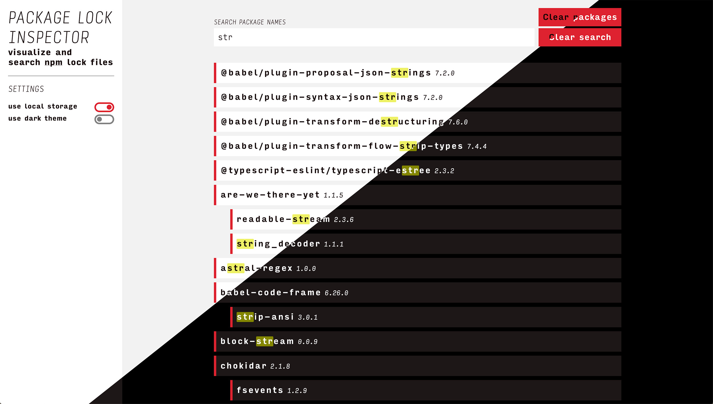 screenshot of the package lock inspector application split between light and dark themes