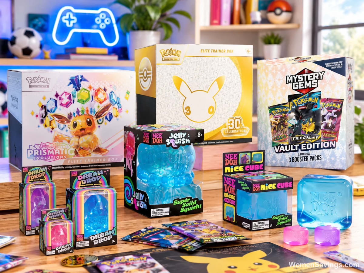 Pokémon card bundles and colorful NeeDoh squeeze toys available in the Walmart drawing