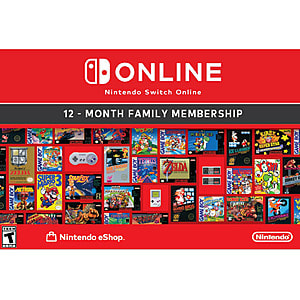 Nintendo Switch Online Family Membership 12-month digital code graphic with Nintendo Switch console