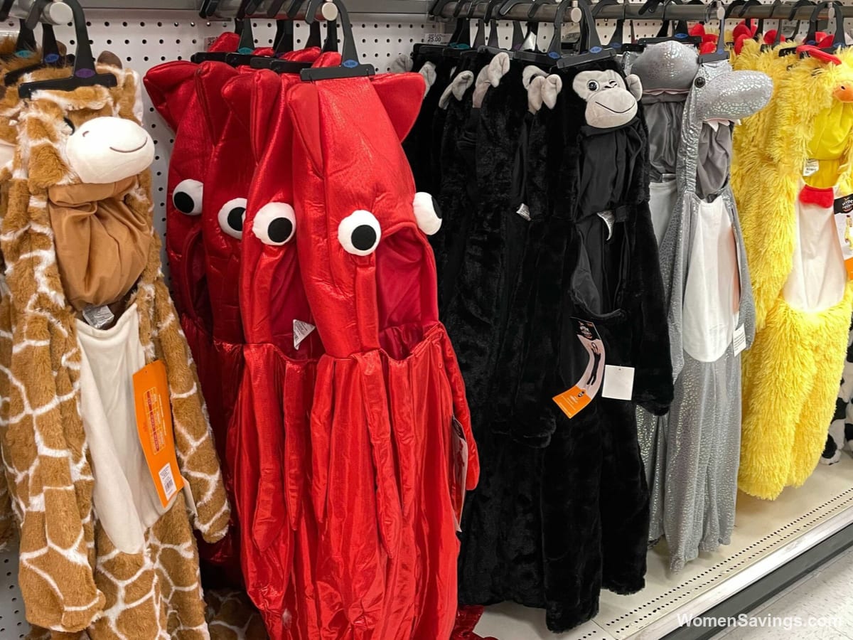 Assorted kids and adult Halloween costumes and accessories on display at Target